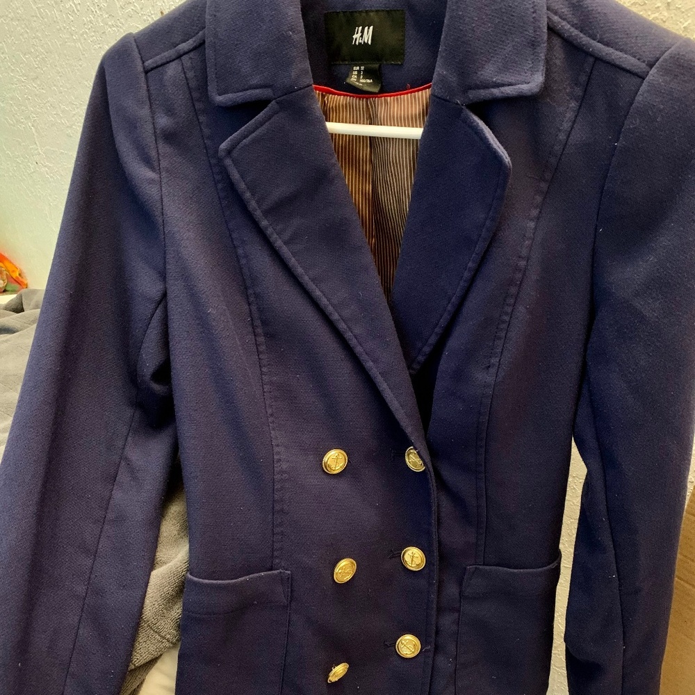 H&M Women's Navy Knit Blazer with Gold Buttons